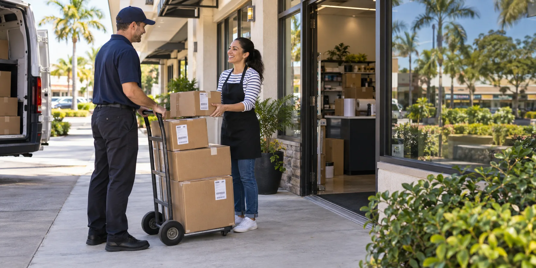 Shipping store employee handing prepared packages to a courier for carrier pickup