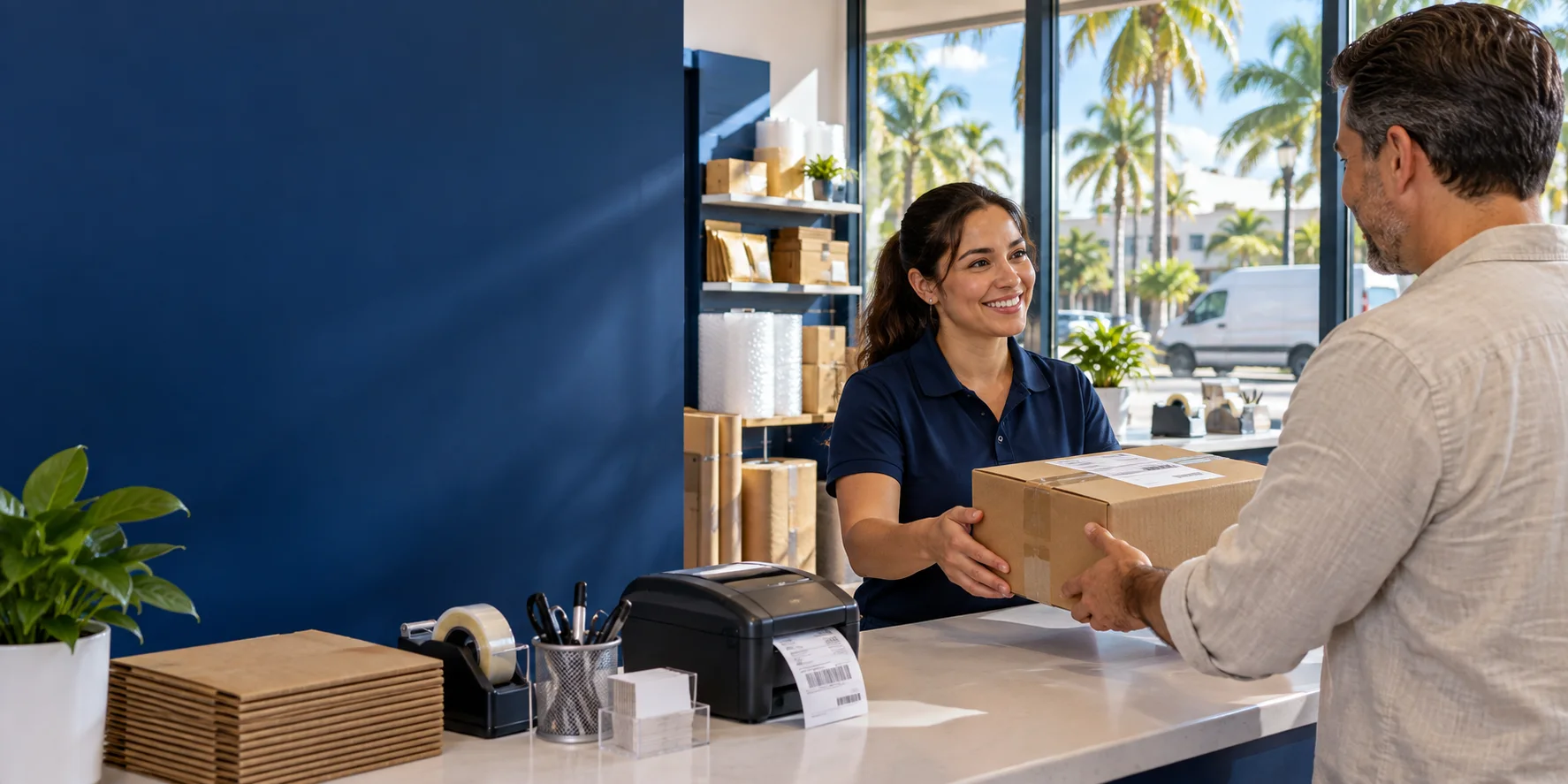 Customer handing a package to a clerk at an independent shipping counter in Fort Lauderdale